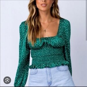 Princess Polly Green Top With Black And White Dots